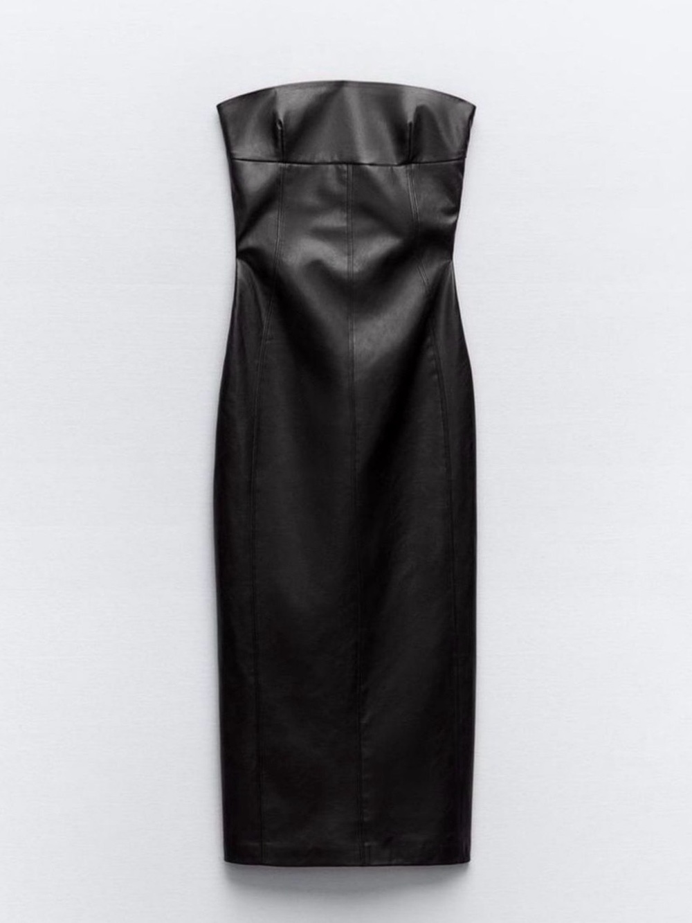 Strapless Black Faux Leather Midi Dress